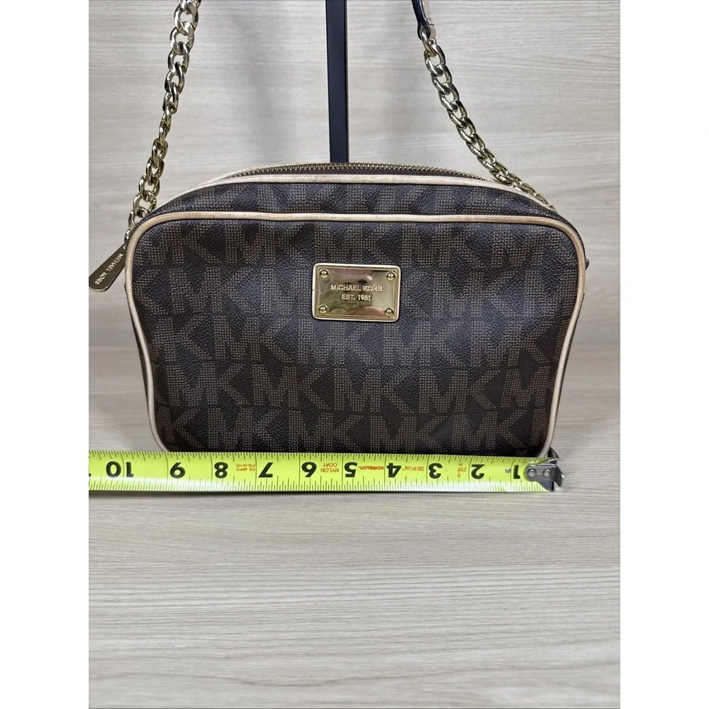 Michael Kors Brown Logo Saffiano Leather‎ Gold Chain Jet Set Small Crossbody
